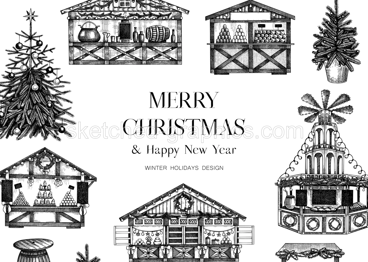 Vintage Christmas background. European Christmas market with souvenir stalls, Christmas tree, fast food, candy shops sketches. Winter holidays invitation or greeting card template. Architecture frame Illustration